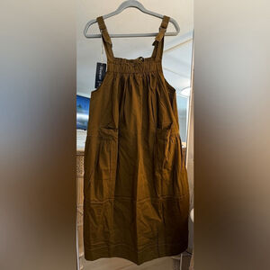 NEW Olive Barrel Overall Loose Cotton Strap Pockets Jumper Bib Dress S